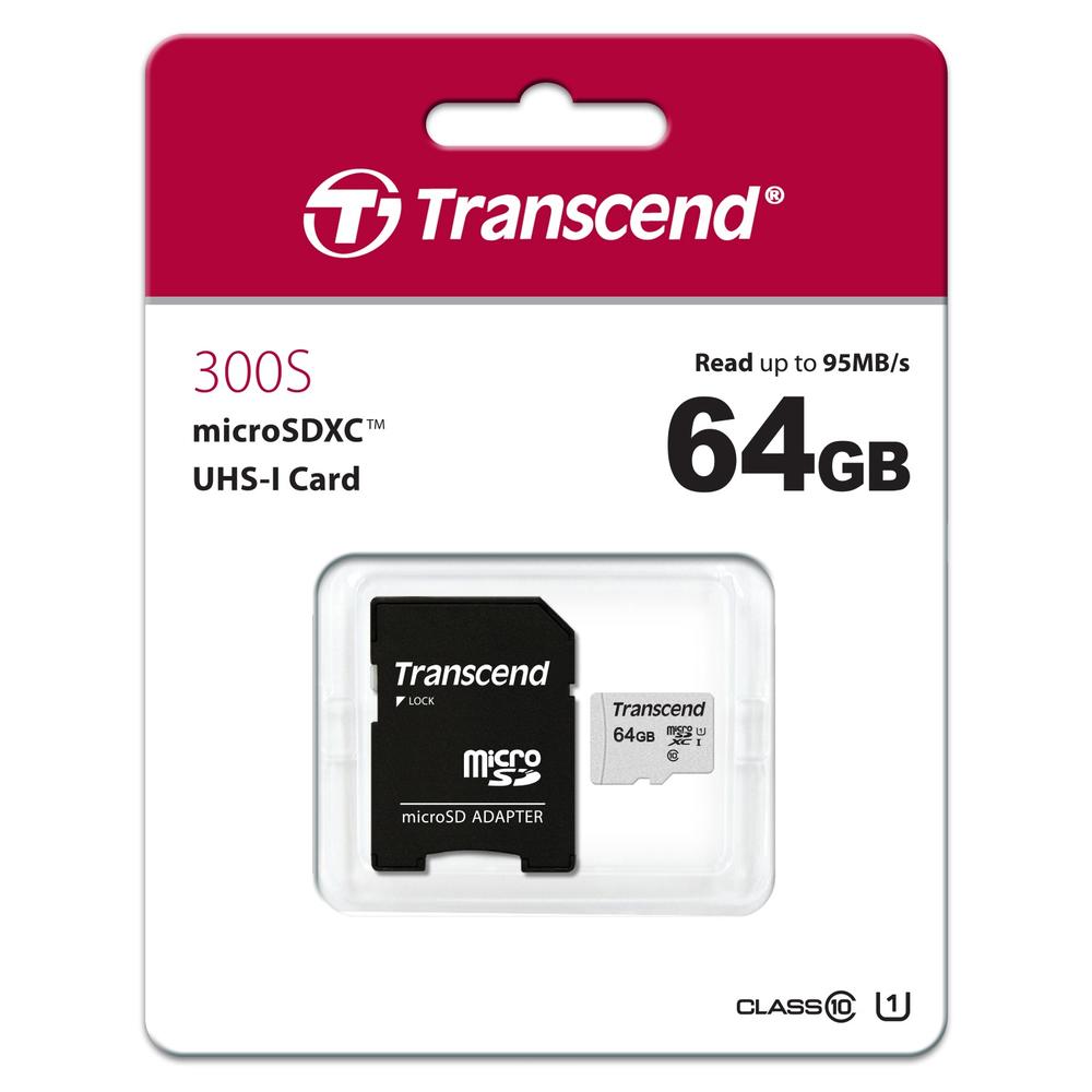 Transcend 64GB Transcend 300S microSDXC UHS-I CL10 Memory Card with SD Adapter 95MB/sec