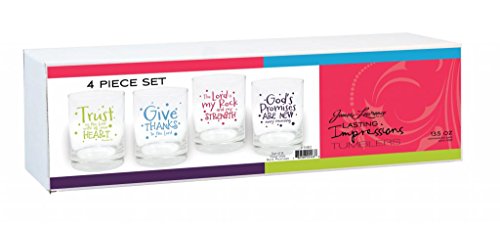 James Lawrence Trust, Give, Rock and Promises, Juice Glass Set, 13.5 oz, Set of 4. Each glass has its own inspirational saying.