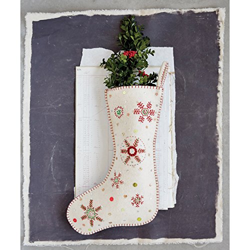 Creative Co-op White Wool Christmas Stocking with Red and Green Embroidered Snowflakes