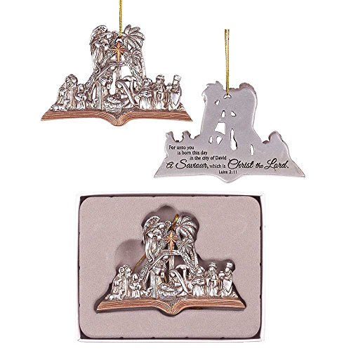 DICKSONS, INC. Luke 2:11 Nativity Book Antique Silver and Gold Tone 3.5 x 2.5 Resin Stone Christmas Ornament