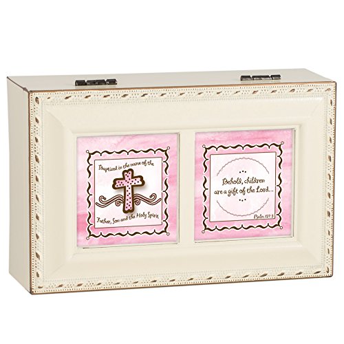 Cottage Garden Baptism for Girl Pink Cross Ivory with Gold Trim Jewelry Music Box Plays Tune Ave Maria