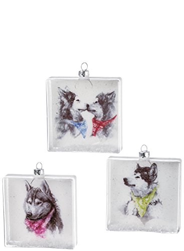 Sullivan Gifts Siberian Husky Snow Dogs 4 inch Square Glass Christmas Ornaments, Set of 3