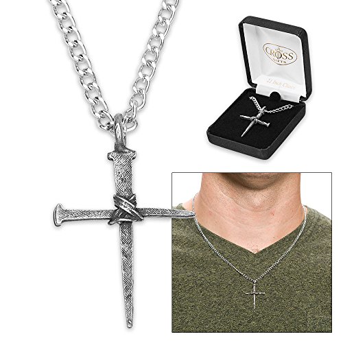 Dicksons Rugged Cross Of Two Nails With Center Wire Wrap Brushed Pewter 21-Inch Pendant Necklace