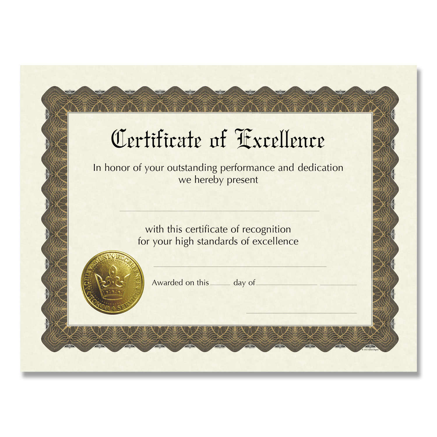 Great Papers Ready-To-Use Certificates, Excellence, 11 X 8.5, Ivory/Brown/Gold Colors With Brown Border, 6/Pack