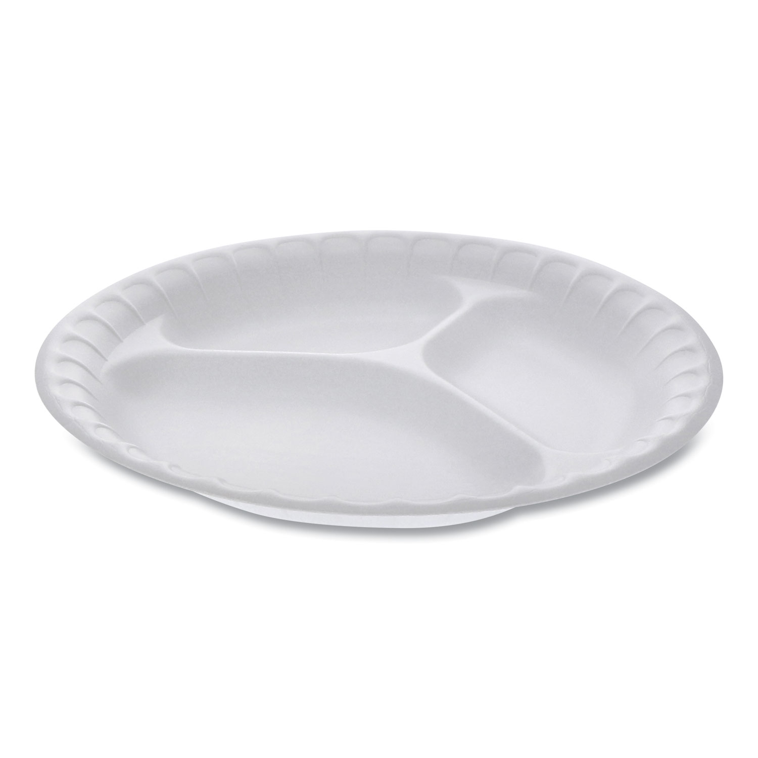 Pactiv Evergreen Unlaminated Foam Dinnerware, 3-Compartment Plate, 9" dia, White, 500/Carton