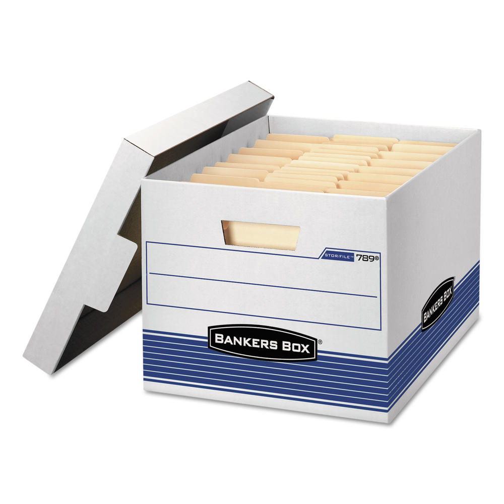 Bankers Box Stor/File Medium-Duty Letter/Legal Storage Boxes, Letter/Legal Files, 12.75" X 16.5" X 10.5", White/Blue, 4/Carton