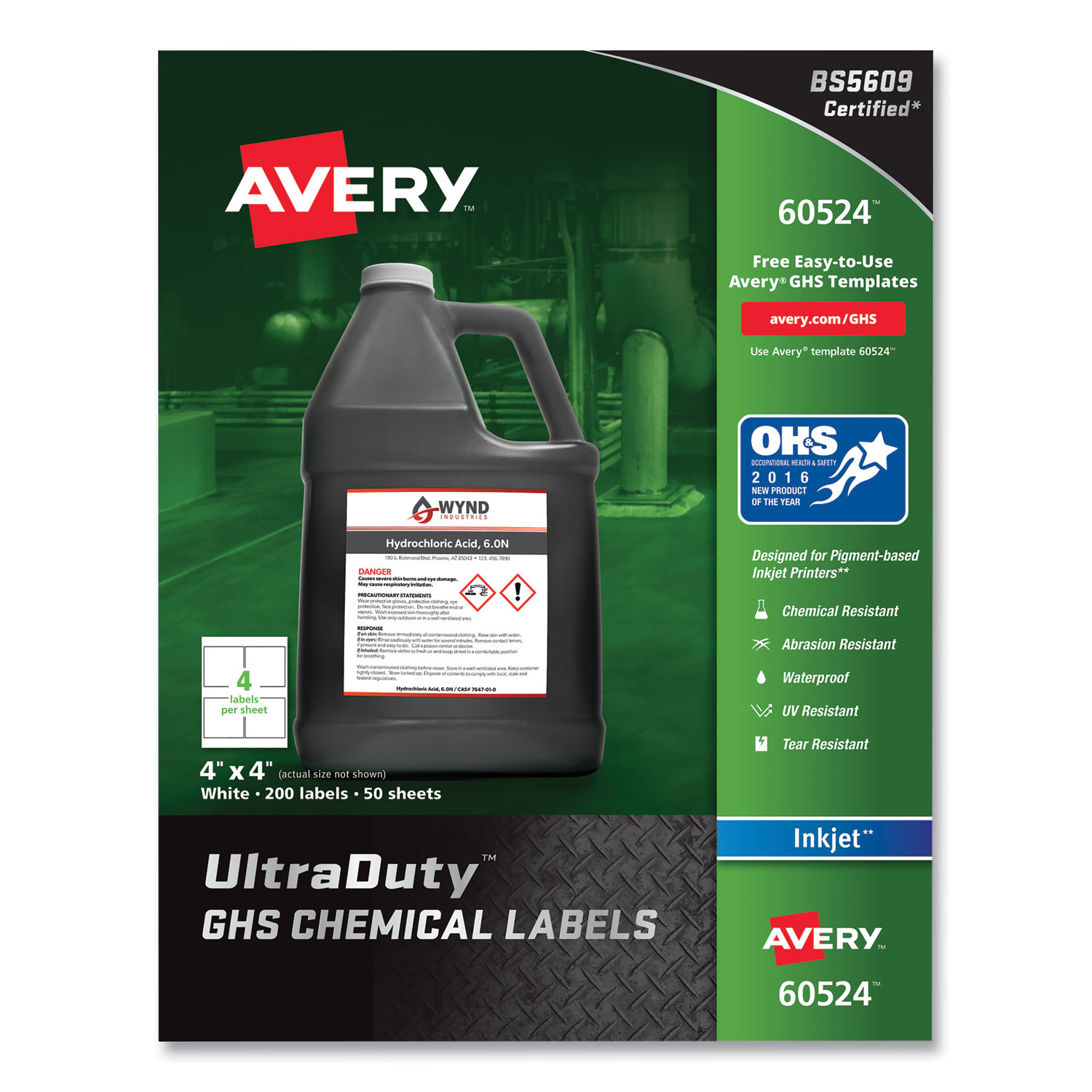 Avery AVE60524 Ultraduty Ghs Chemical Waterproof And Uv Resistant Labels, 4 X 4, White, 4/Sheet, 50 Sheets/Pack