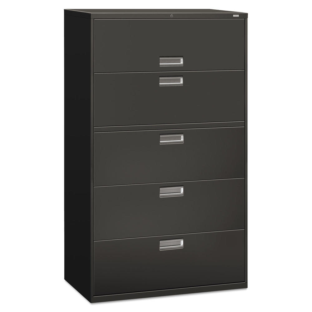 HON Brigade 600 Series Lateral File, 4 Legal/Letter-Size File Drawers, 1 Roll-Out File Shelf, Charcoal, 42" x 18" x 64.25"