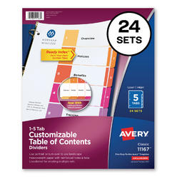 Avery Customizable TOC Ready Index Multicolor Tab Dividers, Uncollated, 5-Tab, 1 to 5, 11 x 8.5, White, 24 Sets