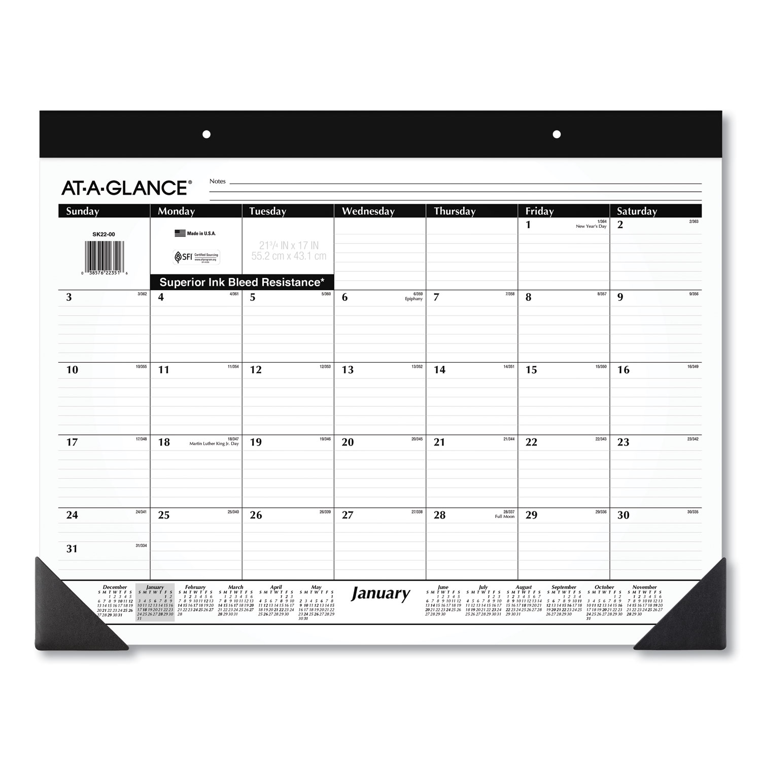 AT-A-GLANCE Monthly Refillable Desk Pad, 22 x 17, White Sheets, Black Binding, Black Corners, 12-Month (Jan to Dec): 2024