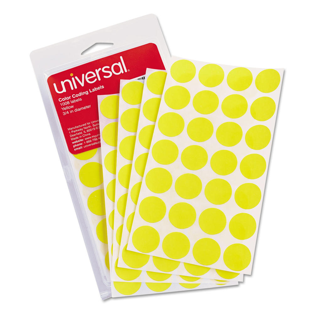 Universal Studios Self-Adhesive Removable Color-Coding Labels, 0.75" Dia., Yellow, 28/Sheet, 36 Sheets/Pack