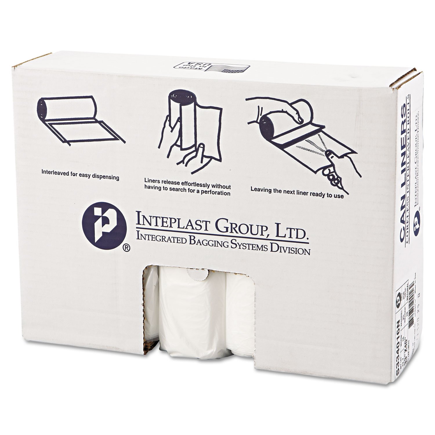Inteplast group High-Density Interleaved Commercial Can Liners, 33 Gal, 16 Microns, 33" X 40", Clear, 250/Carton