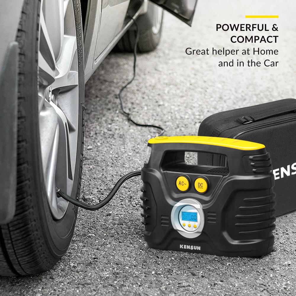 Kensun Portable Tire Inflator with Digital Display │ for Car 12V DC and Home 110V AC │ 30 Litres/Min; Max: 100 PSI