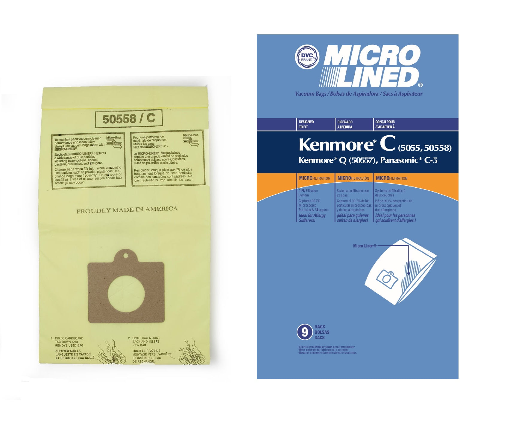 DVC Micro-Lined Paper Replacement Bags Type C, Q, 5055, 50557, 50558 Fit Kenmore Canister Models - 9 Bags