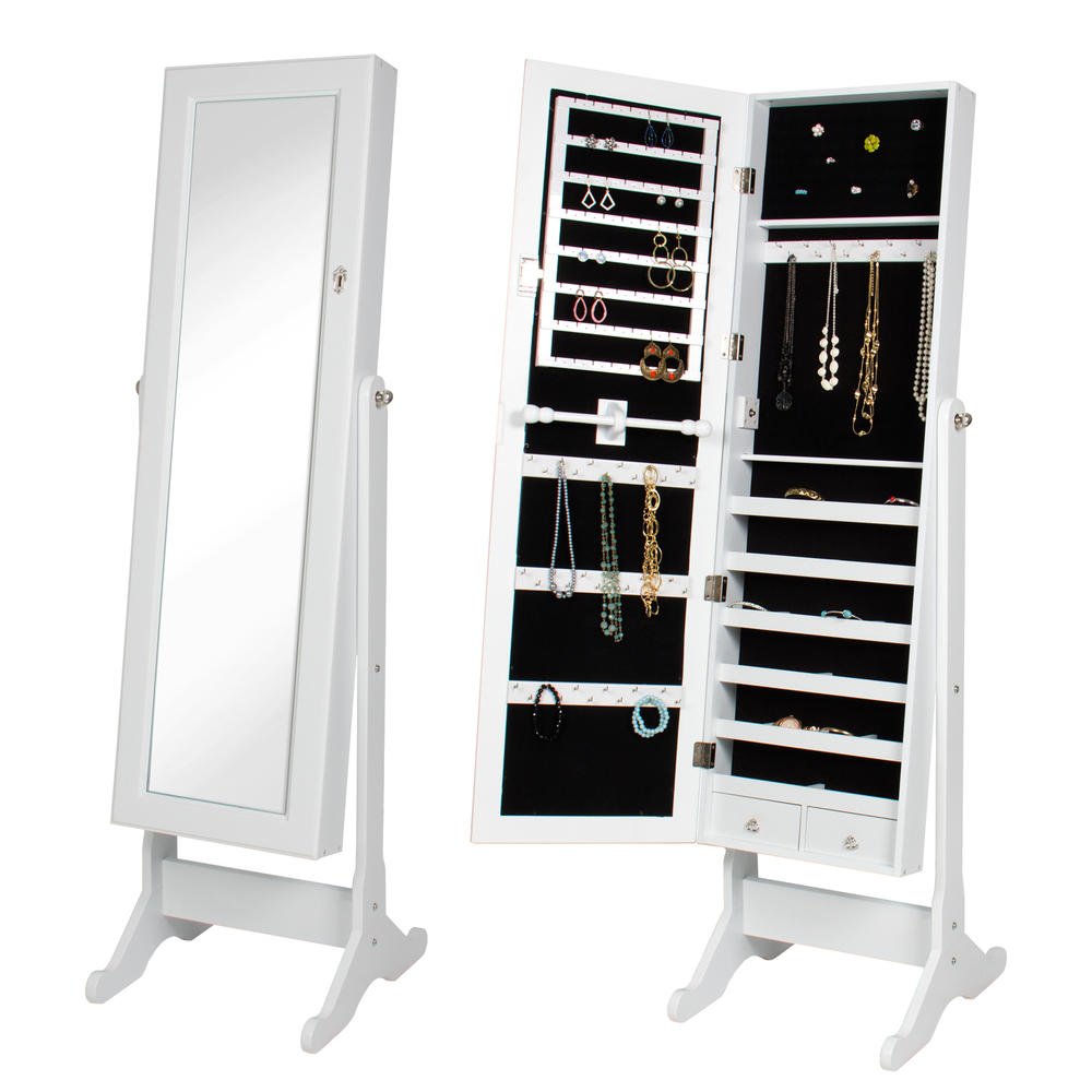 BTEXPERT Stylish Wooden Jewelry Armoire Cabinet Storage Box Case Cheval Mirror White