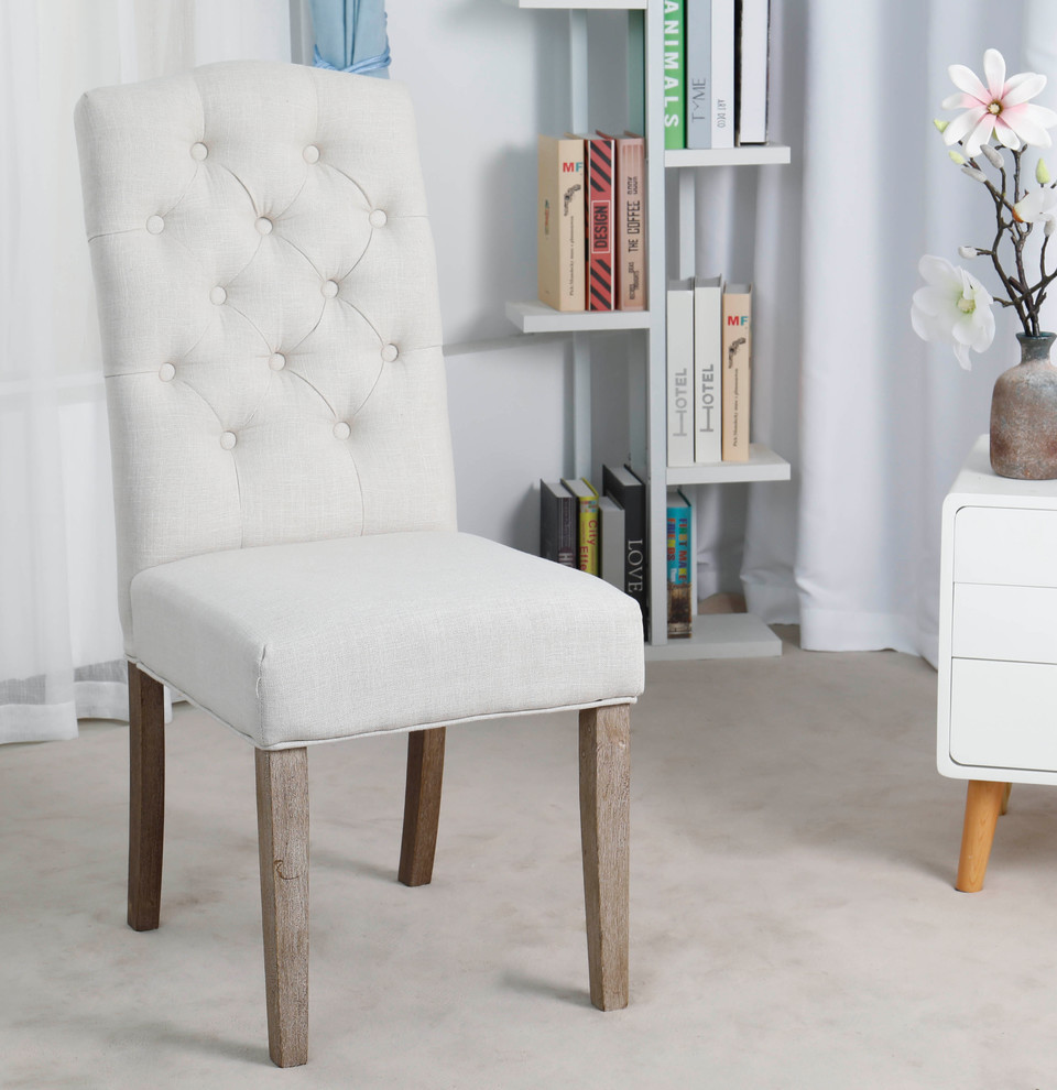 BTexpert French High Back Tufted Upholstered Dining Chair, Set of 2 Ivory Beige