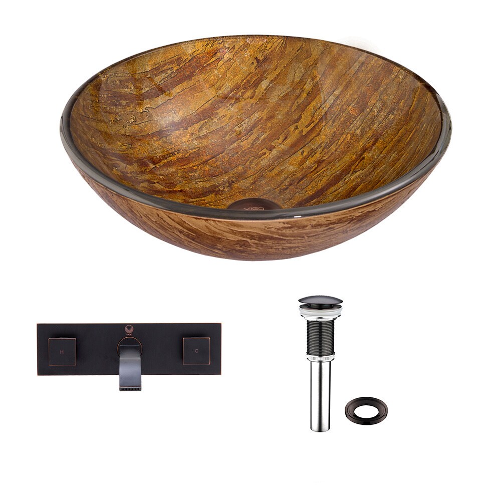 Vigo Amber Sunset Glass Vessel Sink And Titus Wall Mount Faucet Set Vigo Amber Sunset Glass Vessel Sink And Titus Wall Mount Faucet Set In Antique Rubbed Bronze