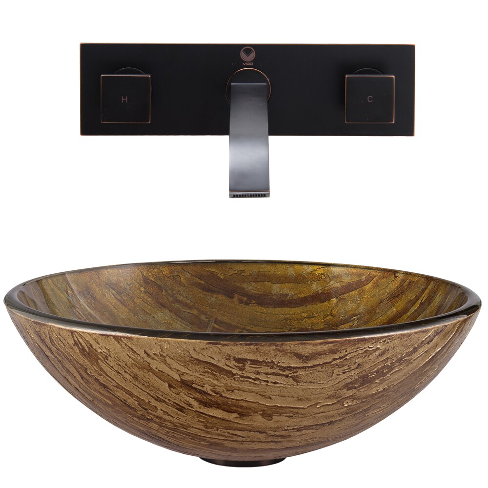 Vigo Amber Sunset Glass Vessel Sink And Titus Wall Mount Faucet Set Vigo Amber Sunset Glass Vessel Sink And Titus Wall Mount Faucet Set In Antique Rubbed Bronze