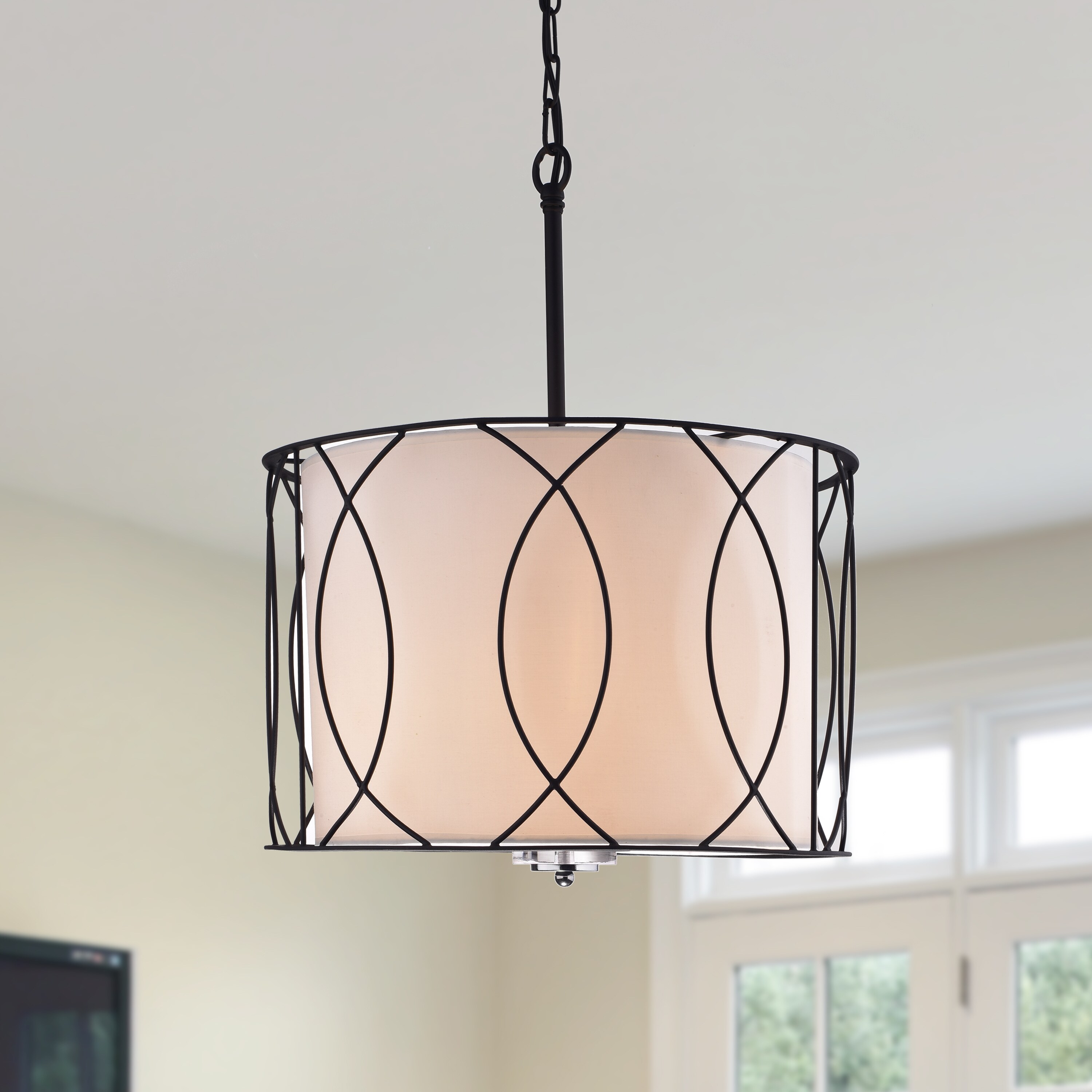 First Lighting Arke Black Metal And Fabric 3 Light Drum Pendant