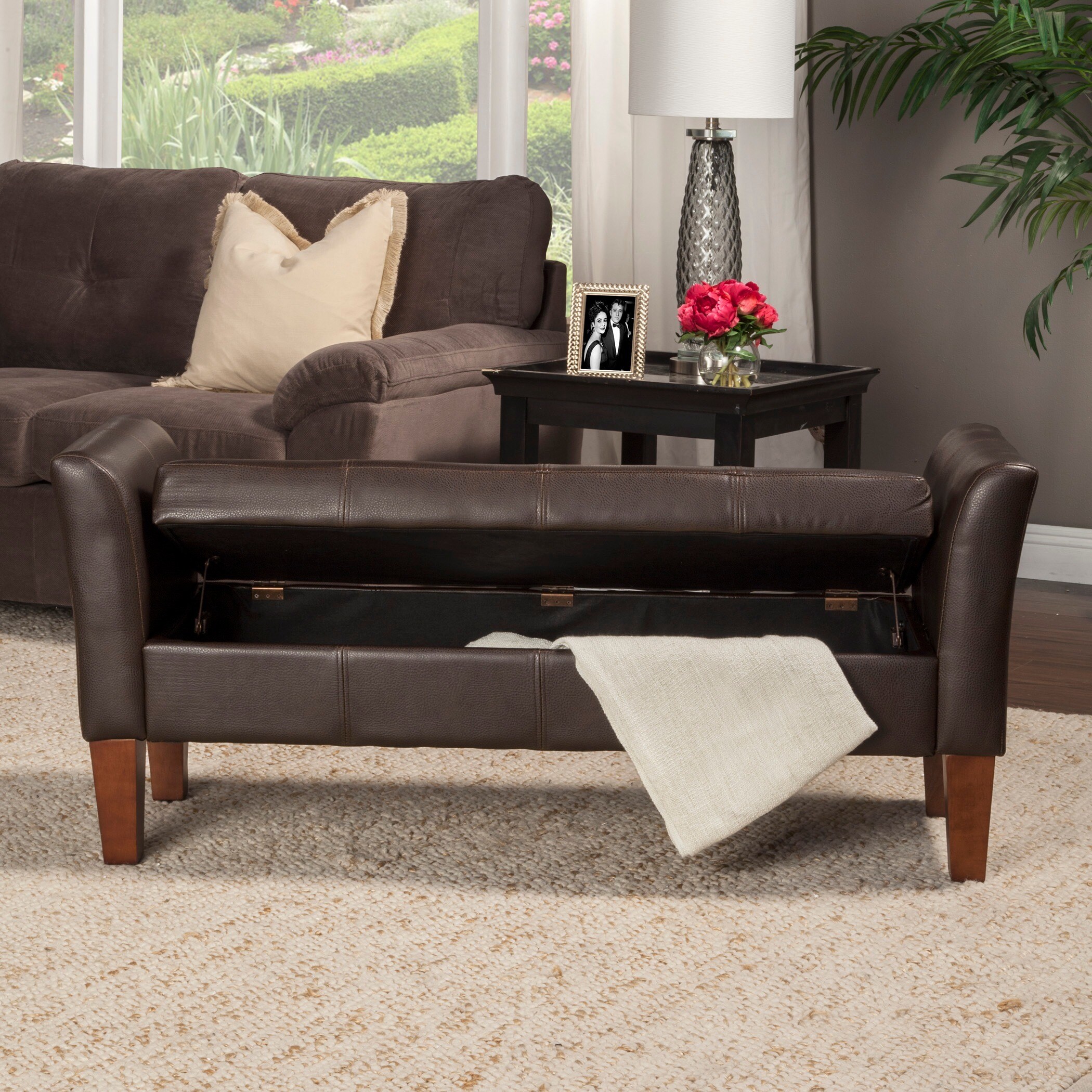 Clay Alder Home Wabasha Leather Storage Bench With Arms Brown