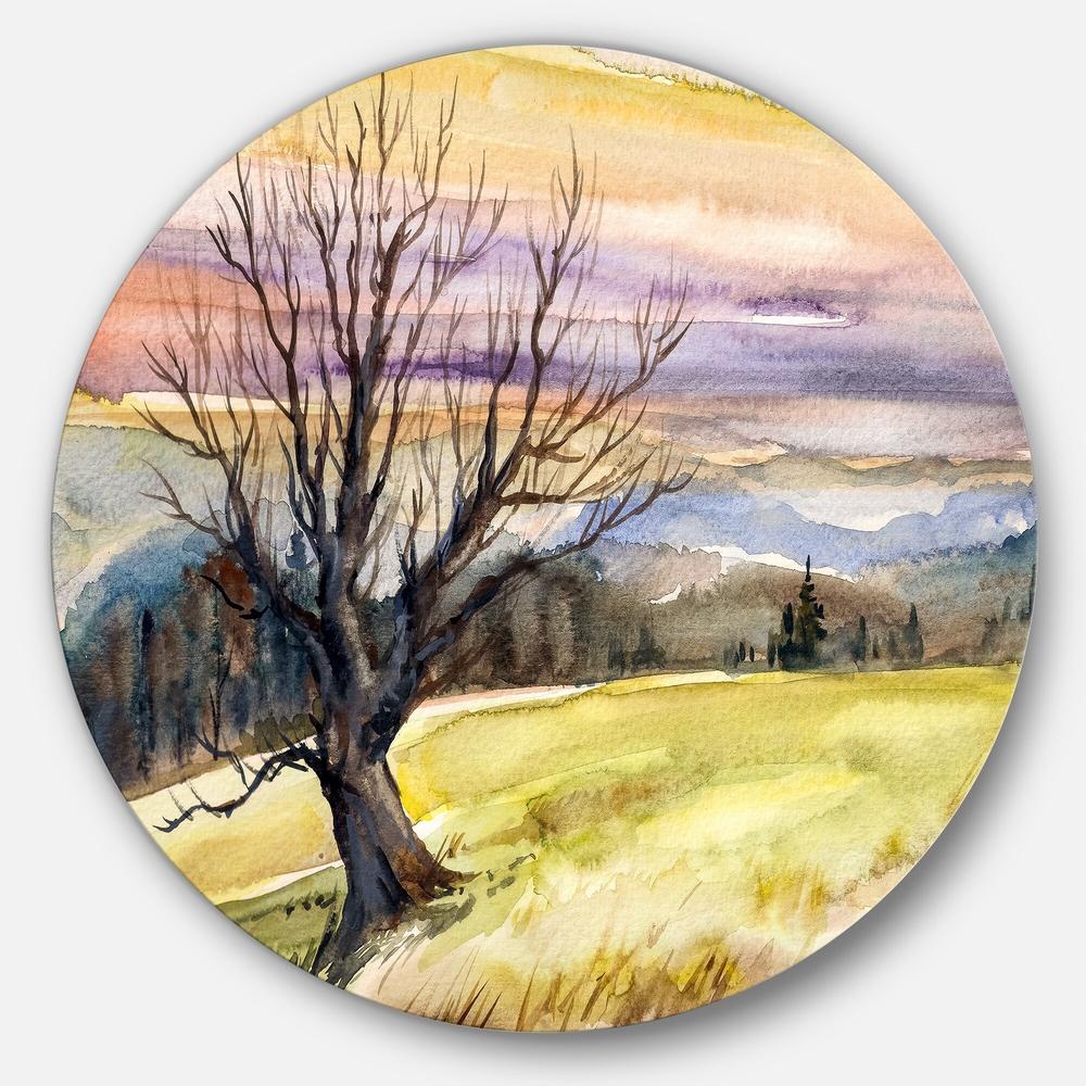 DESIGN ART Designart 'Tree Without Leaves at Sunset' Trees Painting Large Disc Metal Wall art