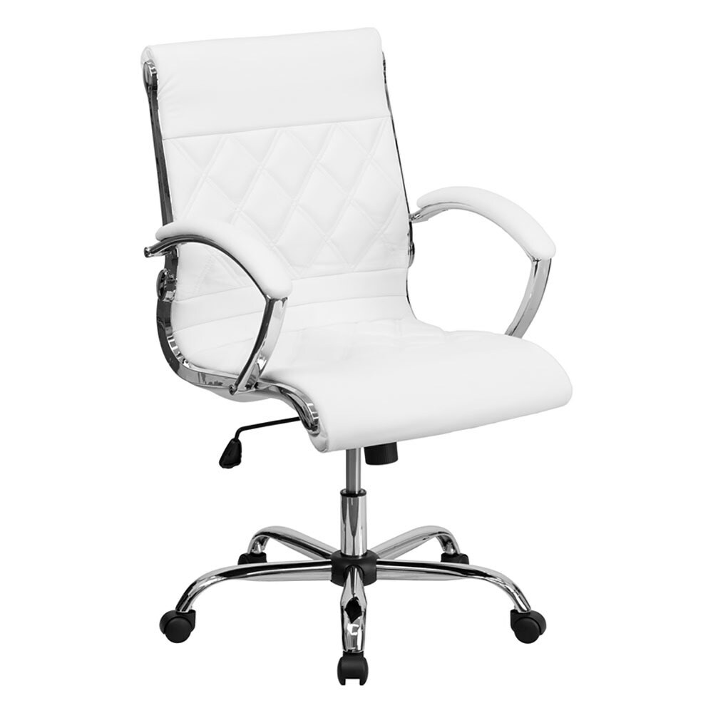 Lexmod Ribbed Mid Back Office Chair In White Genuine Leather Offex Mid Back Designer White Leather Executive Office Chair With Chrome Base Of