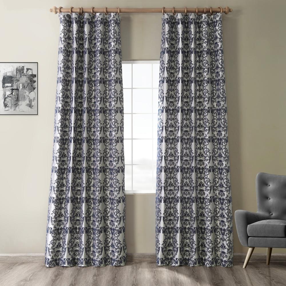 Exclusive Fabrics  Firenze Silver & Blue Flocked Faux Silk Curtain