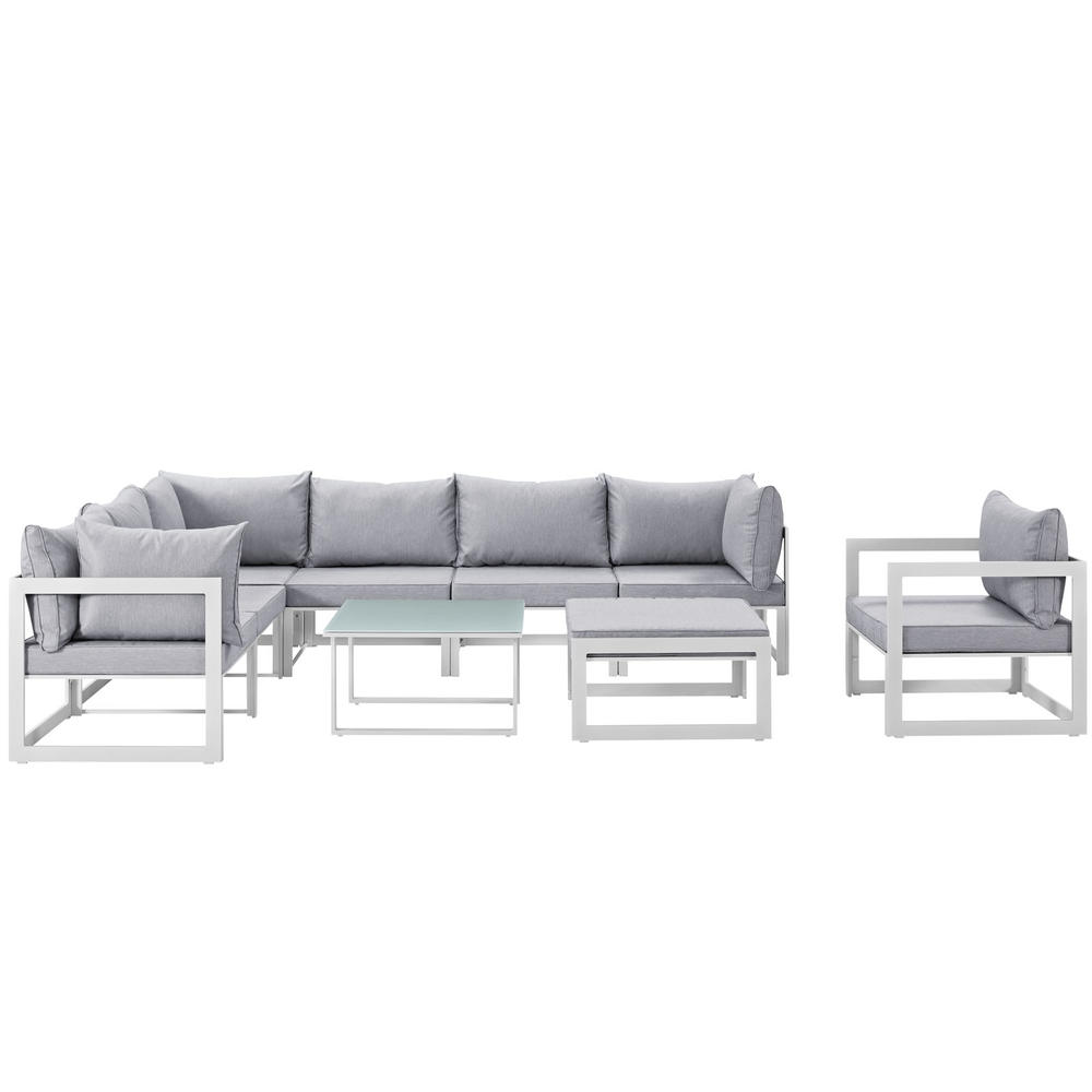 LexMod Fortuna 9 Piece Outdoor Patio Sectional Sofa Set in White Gray