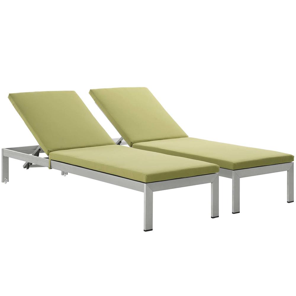 LexMod Shore Chaise with Cushions Outdoor Patio Aluminum Set of 2 in Silver Peridot