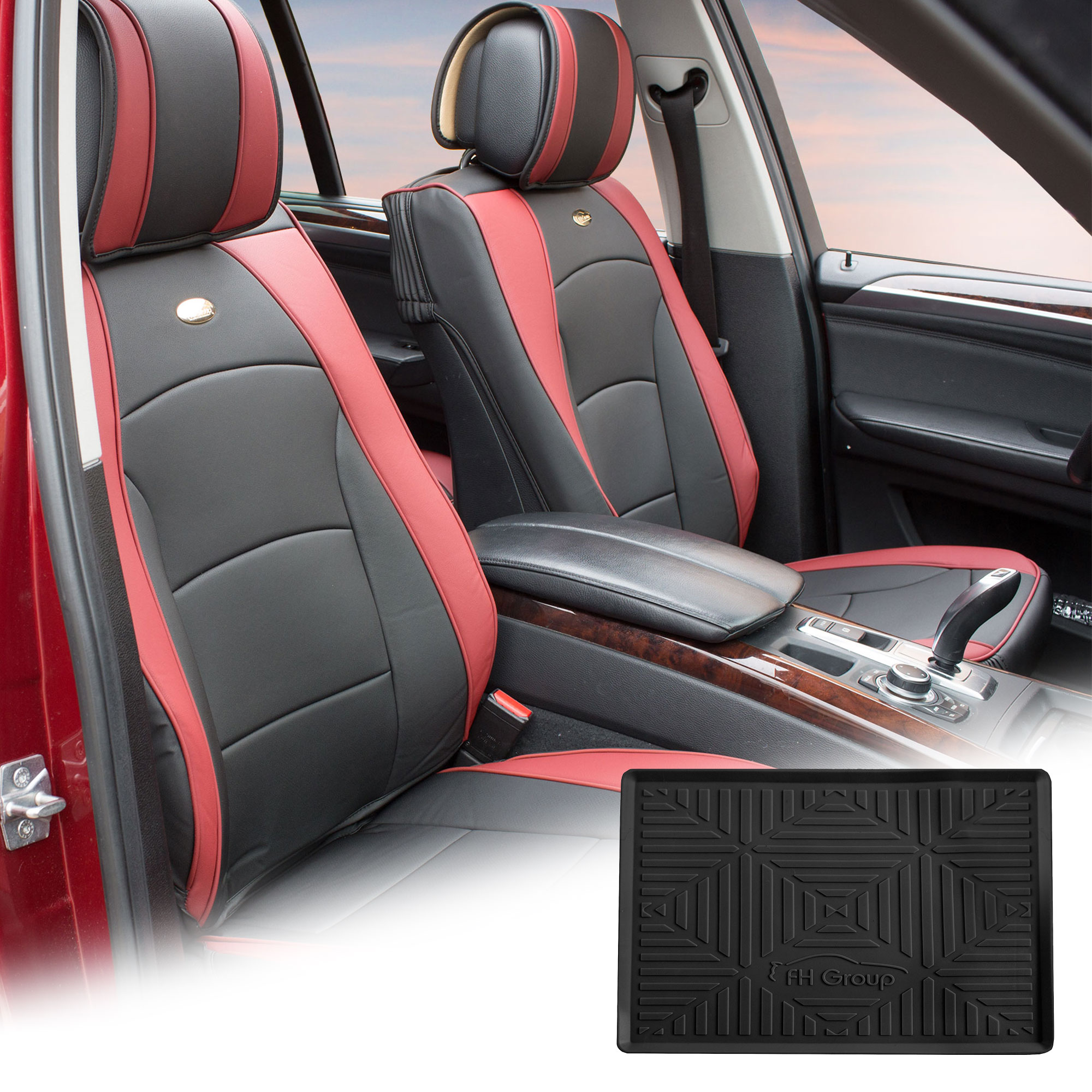 FH Group Burgundy Black Leatherette Front Bucket Seat Cushion Covers for Auto Car SUV Truck Van with Black Dash Mat