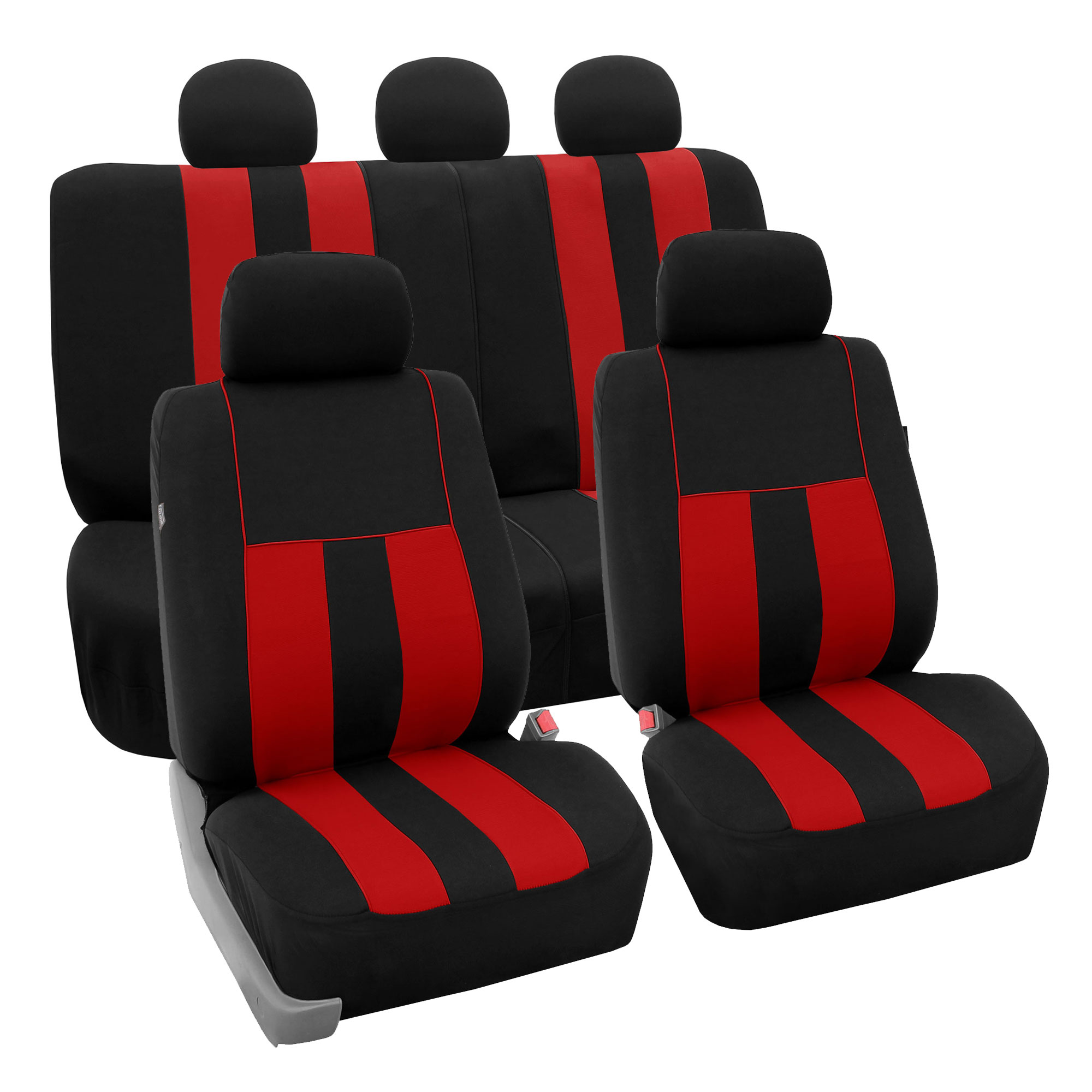 FH Group Car Seat Covers Striking Striped for Sedan, SUV, Van, Full Set w/ Steering Cover & Belt Pads, Red Black