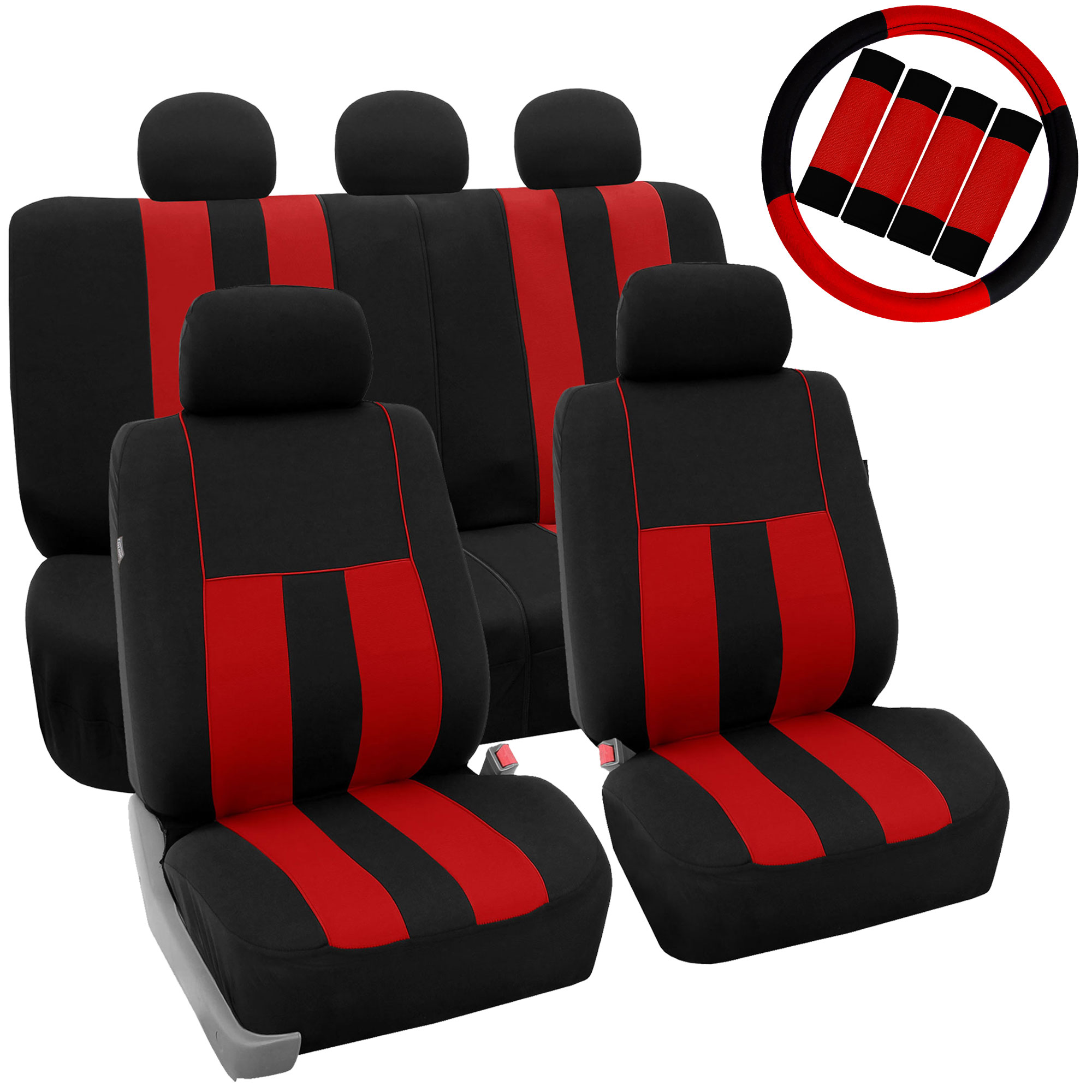 FH Group Car Seat Covers Striking Striped for Sedan, SUV, Van, Full Set w/ Steering Cover & Belt Pads, Red Black