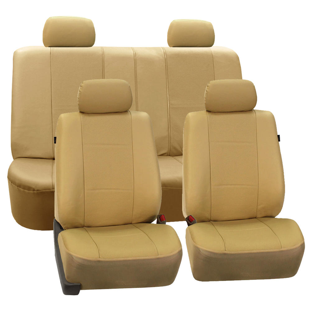 FH Group Beige Deluxe Faux Leather Airbag Compatible and Split Bench Car Seat Covers, 4 Headrest Full Set
