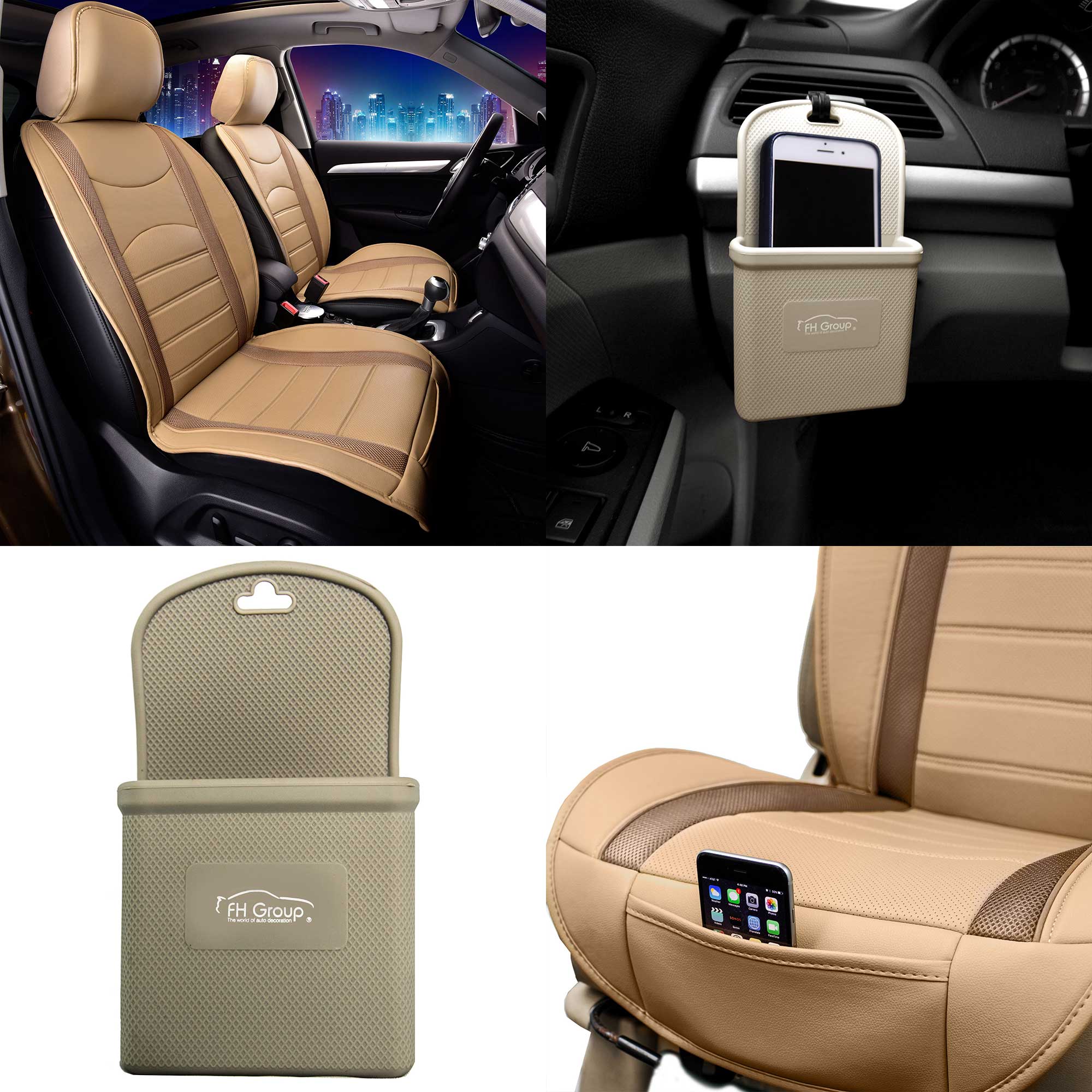 FH Group, Neoblend Leather Seat Front Bucket Cushion Pad Beige w/Travel Phone Holder
