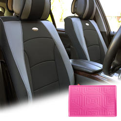 FH Group Gray Black Leatherette Front Bucket Seat Cushion Covers for Auto Car SUV Truck Van with Pink Dash Mat Combo
