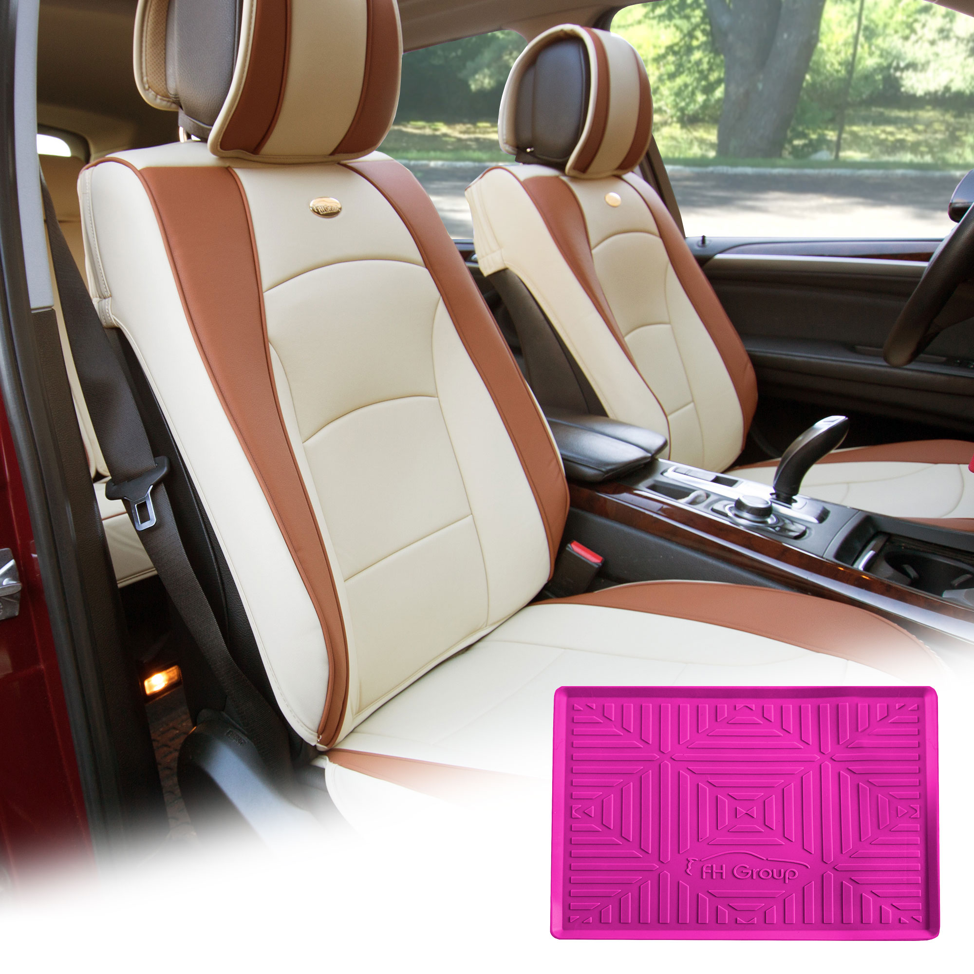 FH Group Beige Leatherette Front Bucket Seat Cushion Covers for Auto Car SUV Truck Van with Hot Pink Dash Mat Combo