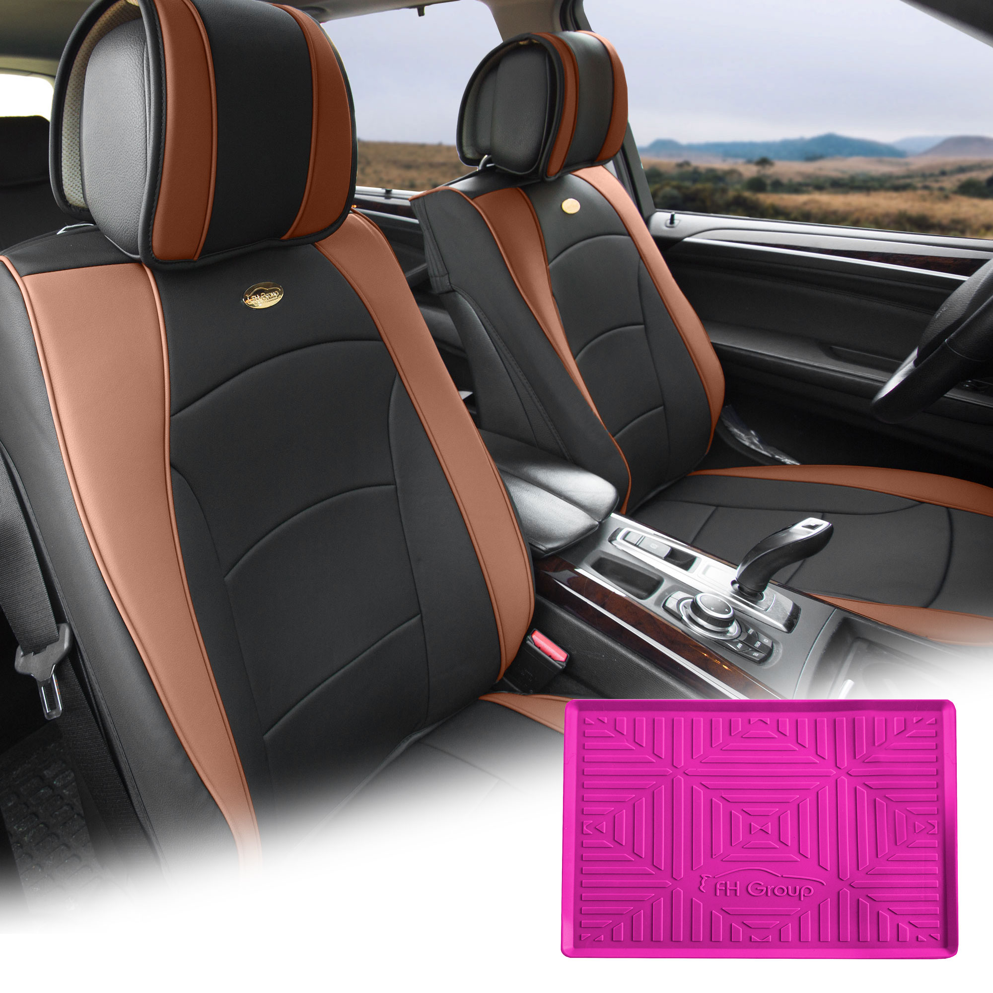 FH Group Brown Black Leatherette Front Bucket Seat Cushion Covers for Auto Car SUV Truck Van with Hot Pink Dash Mat