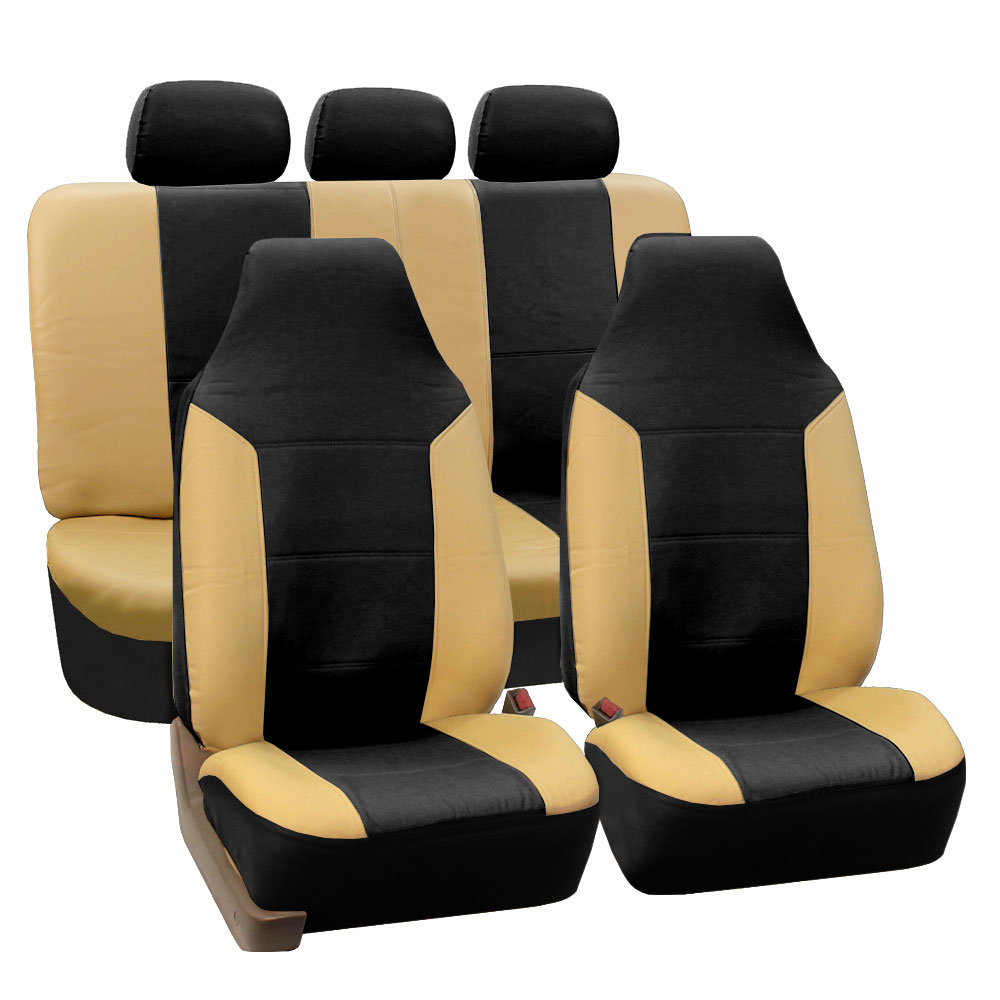 FH Group Royal PU Leather Full Set Airbag Compatible and Split Bench Car Seat Covers, Beige and Black