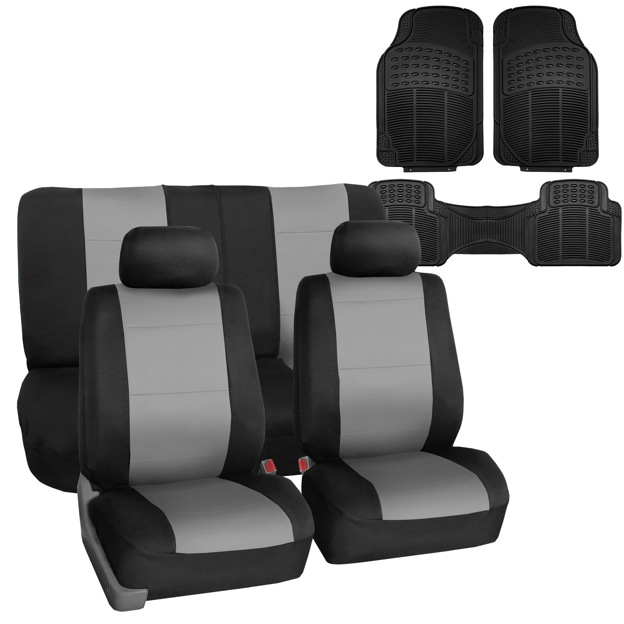 FH Group Neoprene Car Seat Cover Gray Black Combo w/ Black Floor Mats for Auto