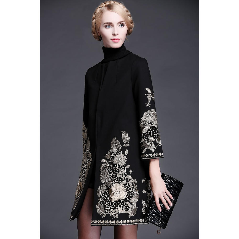 www.virtualstoreusa.com Winter Runway Coat Women's Retro Gold Thread Embroidery Wool Coat Overcoat Plus Size