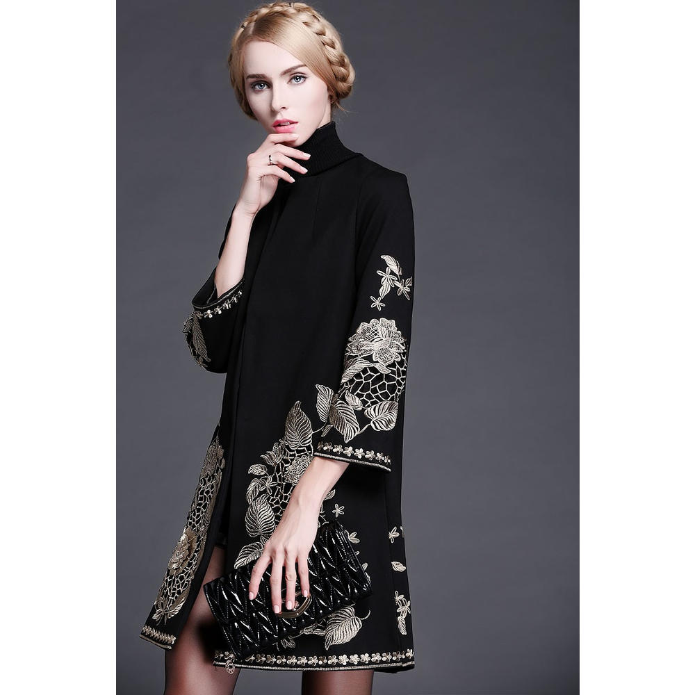 www.virtualstoreusa.com Winter Runway Coat Women's Retro Gold Thread Embroidery Wool Coat Overcoat Plus Size
