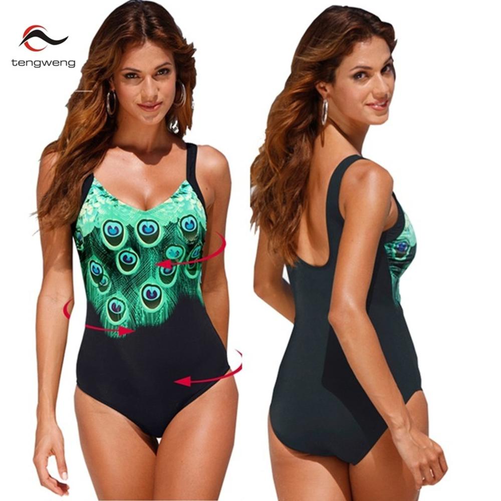 www.virtualstoreusa.com Push Up Print One Piece Swimsuit Backless Monokini High Waist BathSuit Plus Size Peacock Bodysuit