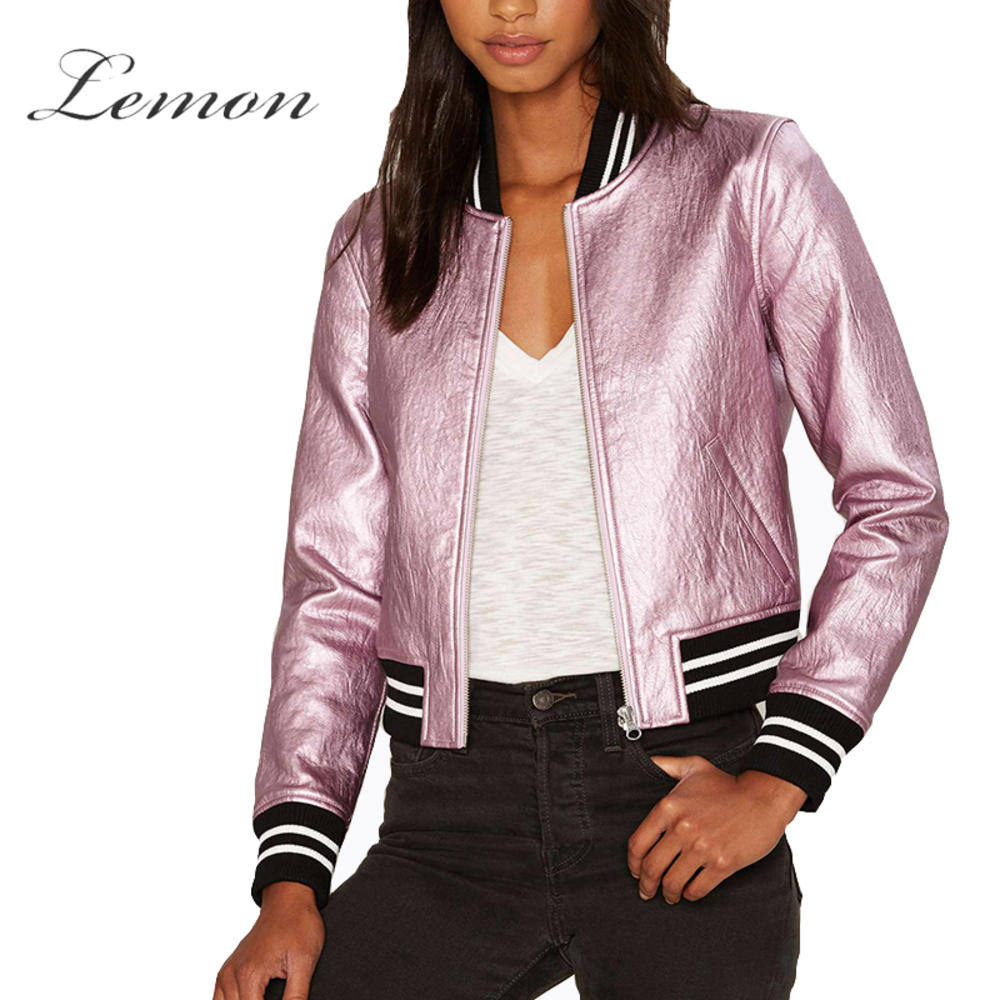 www.virtualstoreusa.com Women Side Pocket Zipper Coat Solid Pink Metallic PU Bomber Jacket Slim