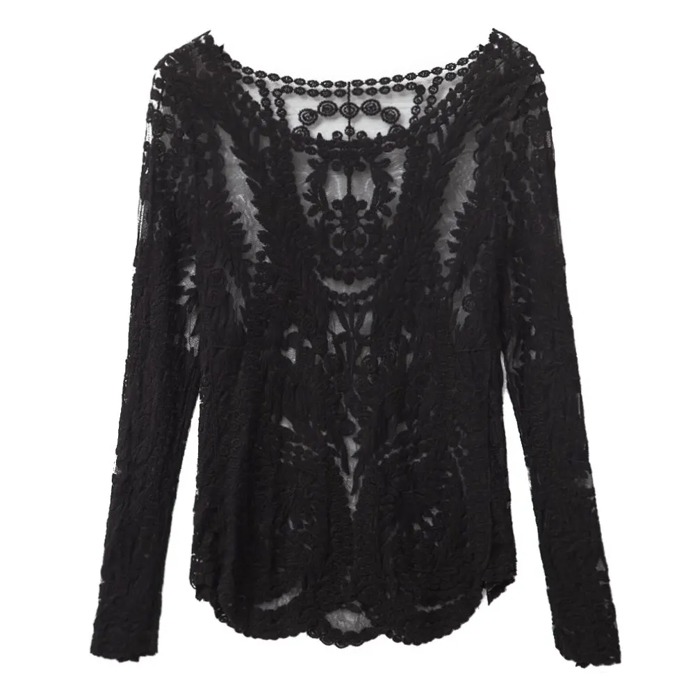www.virtualstoreusa.com Lace Blouse Shirt Casual Round Collar Long Sleeve White Sexy See Through Black Lace