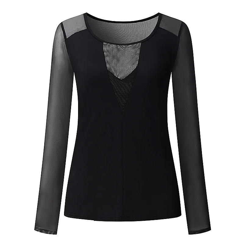 www.virtualstoreusa.com Long Sleeve O Neck Blusas Casual Solid Slim See Through Female Shirt Mesh Pullover