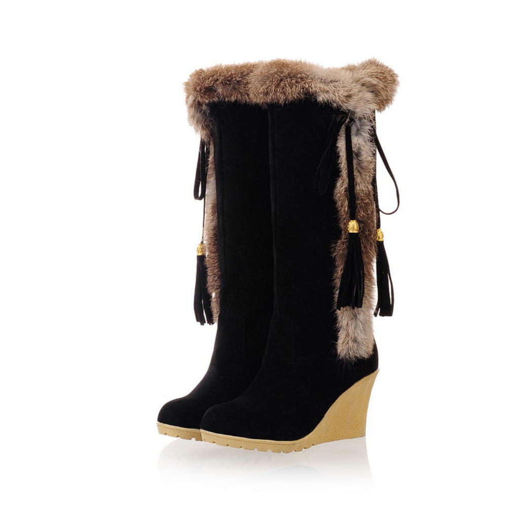 www.virtualstoreusa.com Warm faux fur winter shoes woman comfort slip on knee high snow boots 