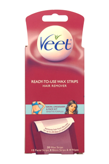 Veet Ready-To-Use Wax Strips Bikini-Underarm & Face Kit By Veet for Women - 3 Pc Kit 12 Facial Strips, 8 Bikini Strips & 4 Wipes