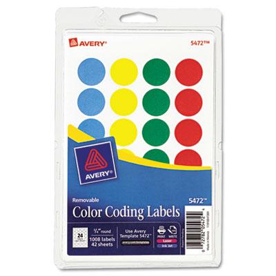 AVERY PRODUCTS CORP Avery Removable-Adhesive Round Color Coding Labels For Laser and Inkjet Printers, 3/4 in, Blue, Green, Red, Yellow, Pack of 