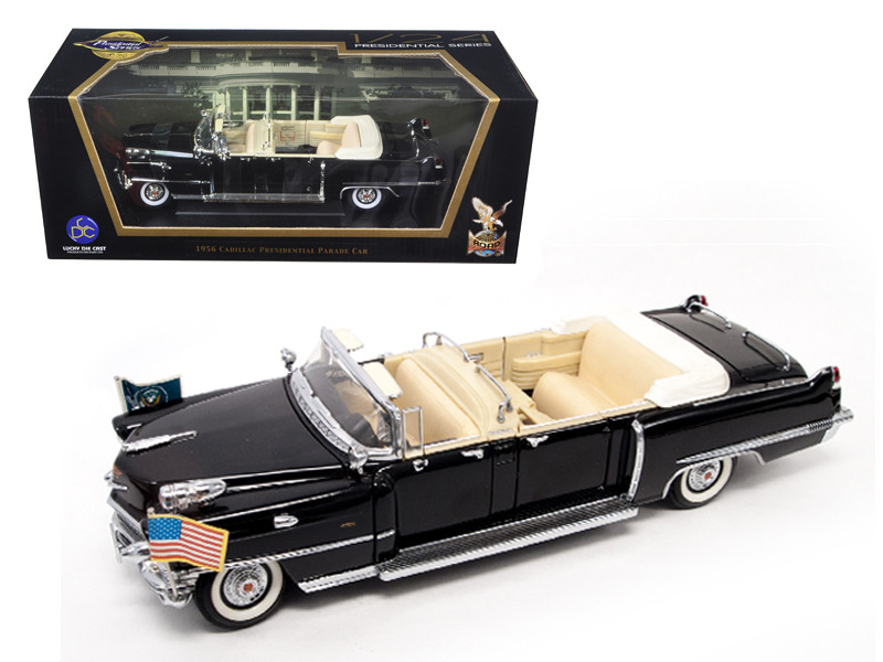 Road Signature 1956 Cadillac Series 62 Parade Limousine Black with Flags 1/24 Diecast Model Car by Road Signature