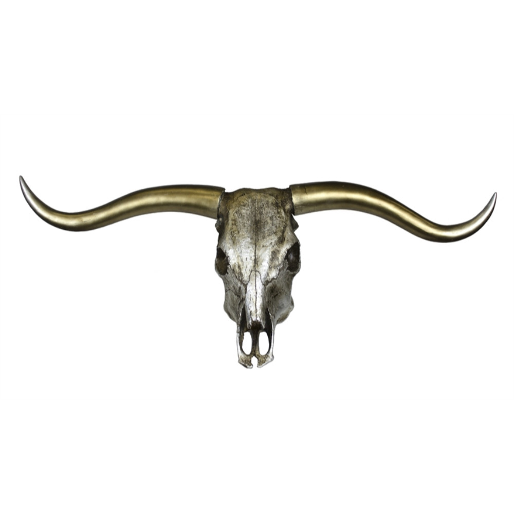 Benzara Antique Bull Skull Wall Decor With Sharp Horns Silver